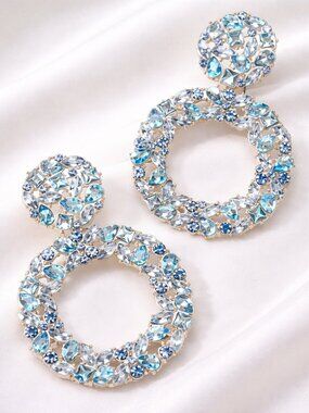 Blue Rhinestone Hoop Drop Earrings Statement Crystal Gold Tone Dangle Glam